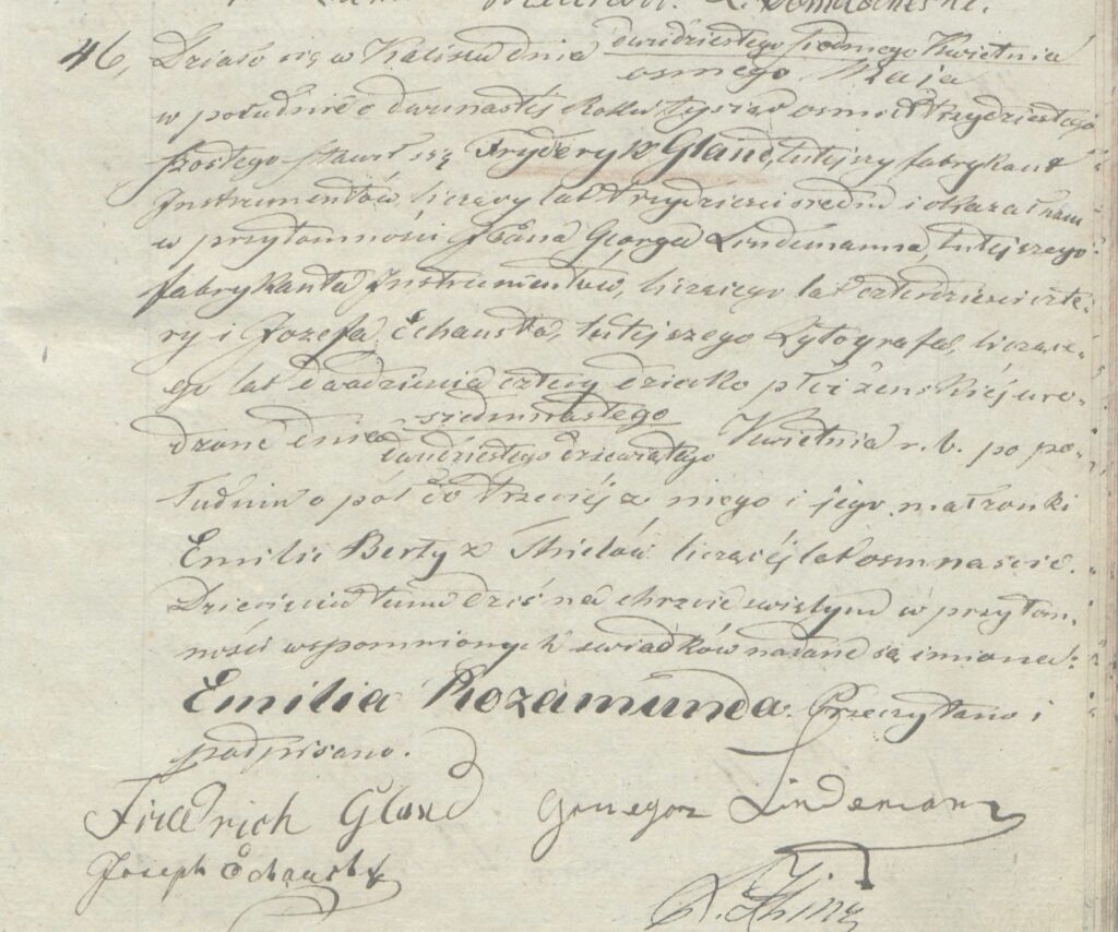 Fot. Akt urodzenia Emilli Rozamundy Gland. https://www.szukajwarchiwach.gov.pl/jednostka/-/jednostka/29561157  [dostęp:12.01.2026]