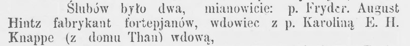 Zdj. Informacja o ślubie Fryderyka Hintza w „Kaliszaninie” 1870, nr 5. Nazwisko rodowe młodej błędnie zapisano, powinno być Tahn