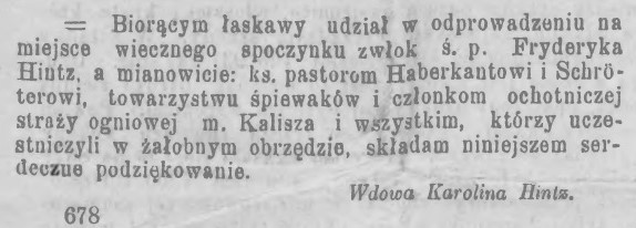 Zdj. Podziękowanie w gazecie „Kaliszanin” nr 90 z 2/14 listopada 1890 r.