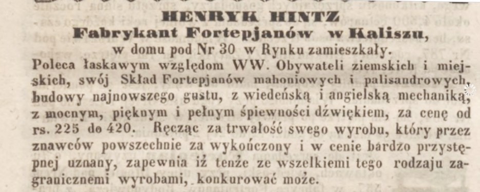 Zdj. Ogłoszenie w „Kurierze Warszawskim” 1856, nr 333. Chochlik drukarski zmienił imię Hintza na Henryk.